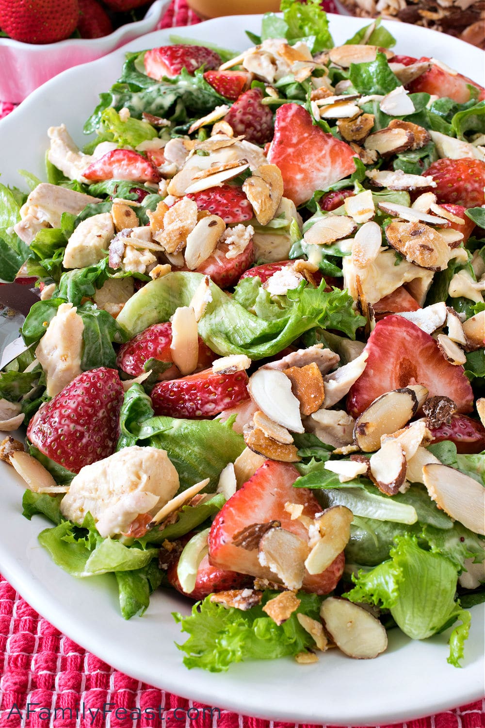 Strawberry Salad with Chicken, Arugula and Sugared Almonds is a delicious salad that everyone loves! Serve it for a light lunch or as a special side dish for any meal. Strawberry Salad with Chicken, Arugula and Sugared Almonds