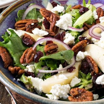 Mixed Greens with Pears, Goat Cheese, Dried Cranberries and Spiced Pecans - A Family Feast