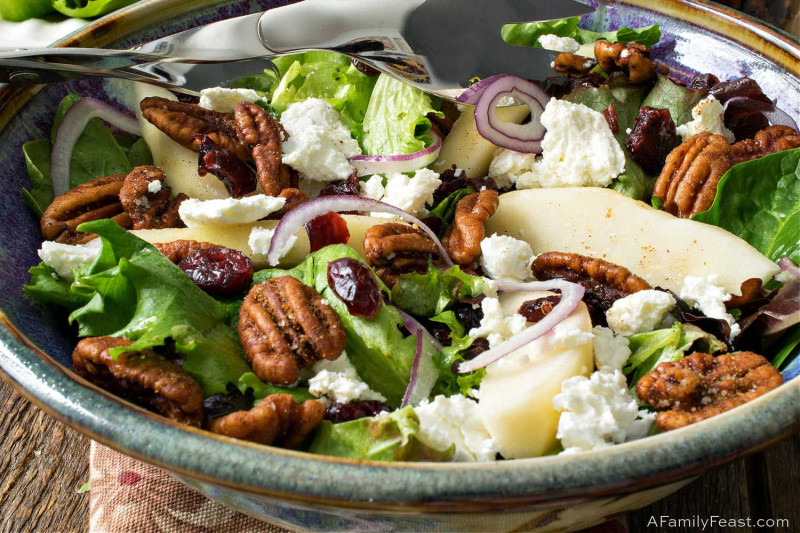 Mixed Greens with Pears, Goat Cheese, Dried Cranberries and Spiced