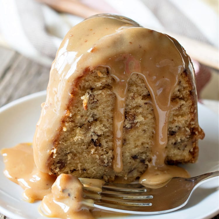 Toffee Pecan Bundt Cake with Caramel Drizzle - A Family Feast