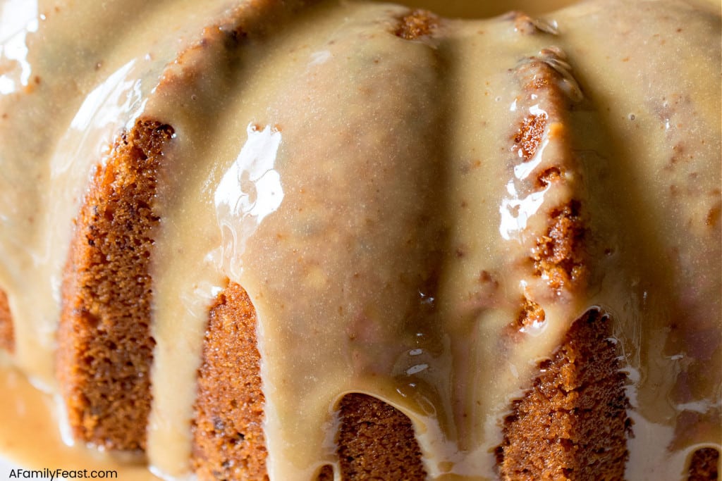 Toffee Pecan Bundt Cake with Caramel Drizzle - A Family Feast