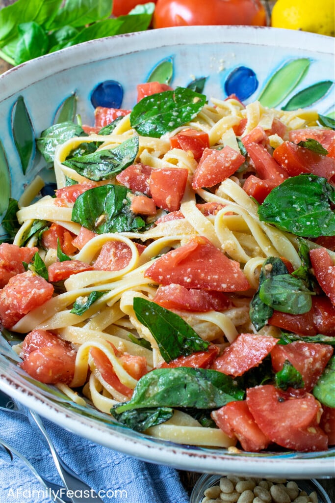 Pasta with Summer Tomatoes Basil & Pine Nut Sauce - A Family Feast