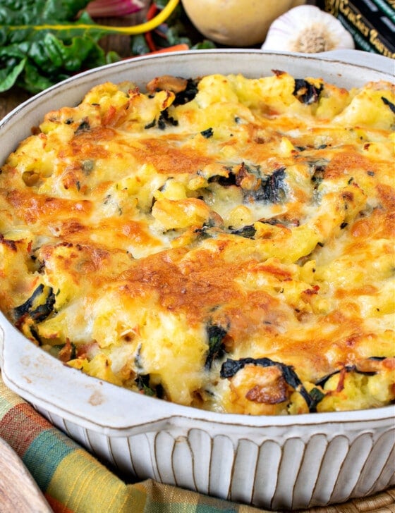 Cheesy Mashed Potatoes and Swiss Chard in a casserole dish