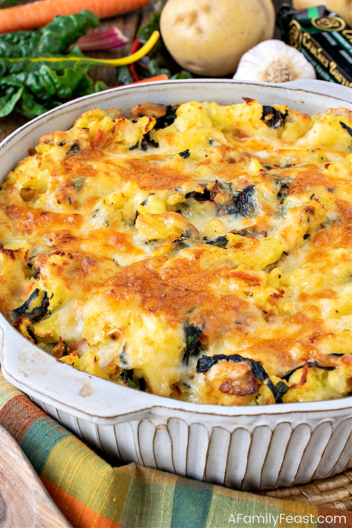 Cheesy Mashed Potatoes and Swiss Chard in a casserole dish