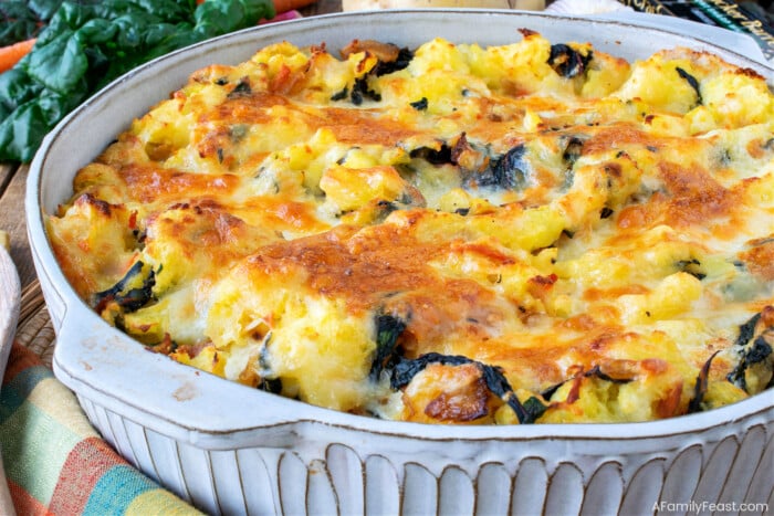 Cheesy Mashed Potatoes and Swiss Chard in a casserole dish