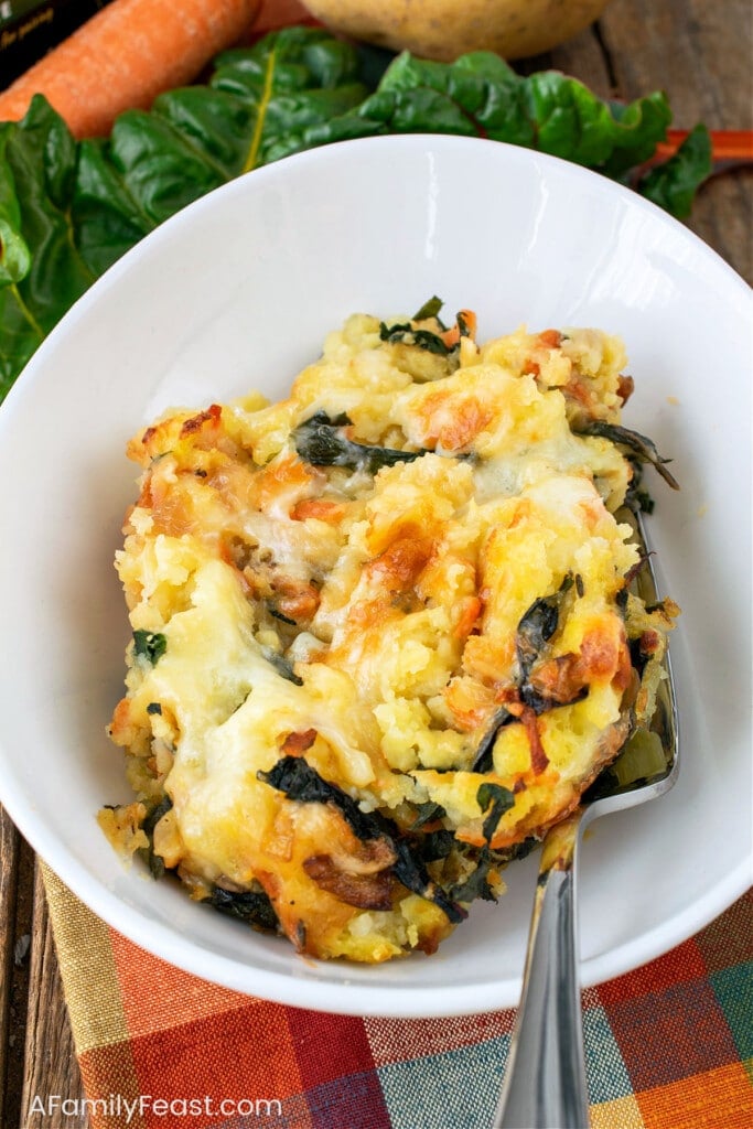 Cheesy Mashed Potatoes and Swiss Chard in a serving bowl