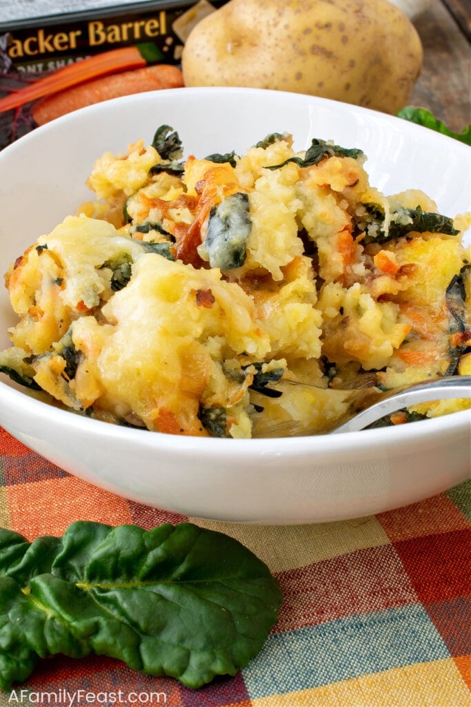 A serving of Cheesy Mashed Potatoes and Swiss Chard