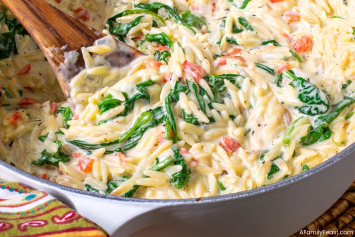 Creamy Parmesan Orzo with Spinach & Roasted Red Pepper - A Family Feast