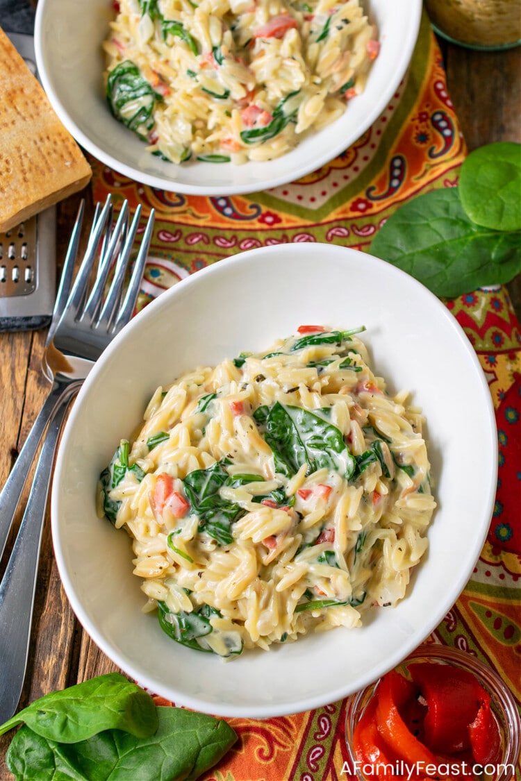 Creamy Parmesan Orzo with Spinach & Roasted Red Pepper - A Family Feast®