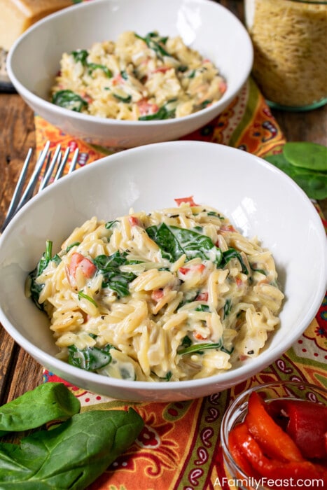 Creamy Parmesan Orzo with Spinach & Roasted Red Pepper - A Family Feast®