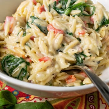 Creamy Parmesan Orzo with Spinach & Roasted Red Pepper - A Family Feast