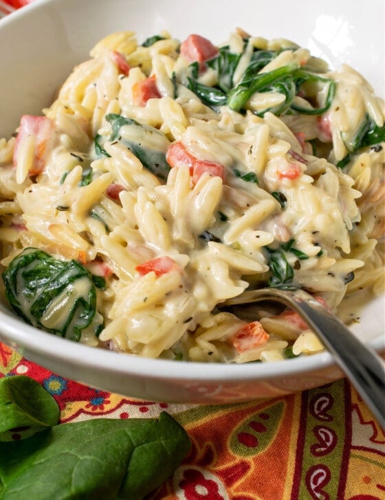 Creamy Parmesan Orzo with Spinach & Roasted Red Pepper - A Family Feast