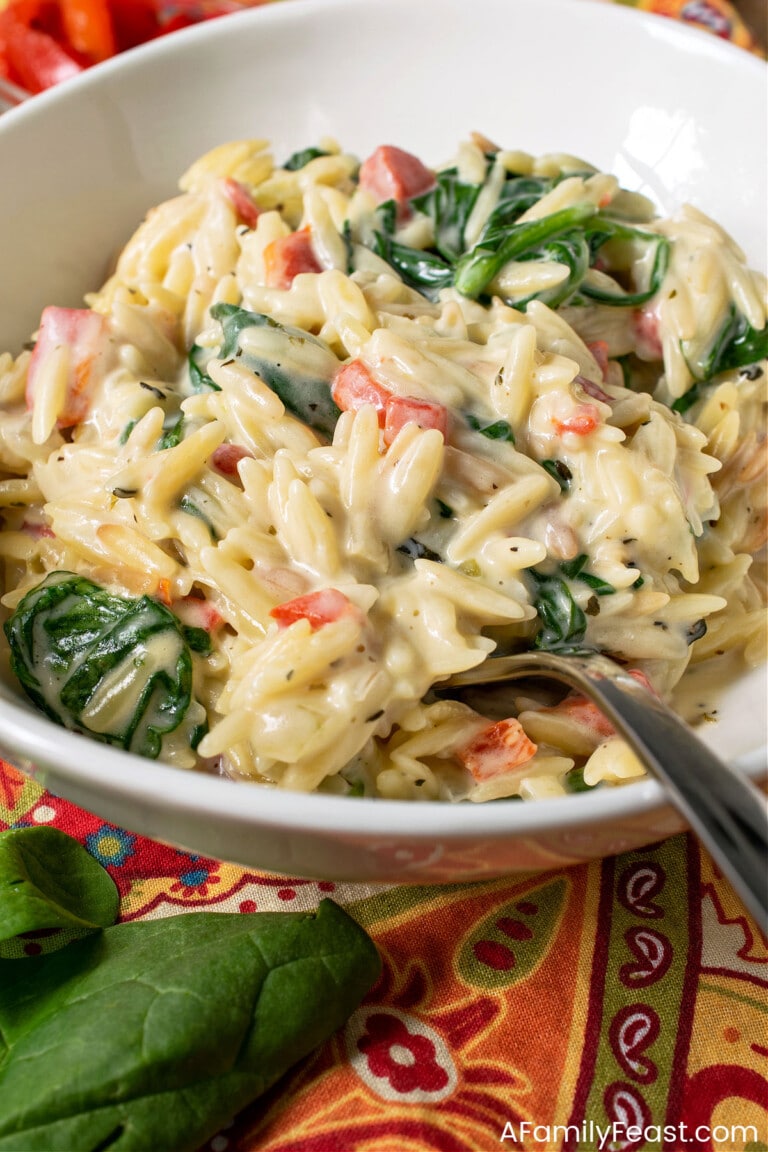 Creamy Parmesan Orzo with Spinach & Roasted Red Pepper - A Family Feast