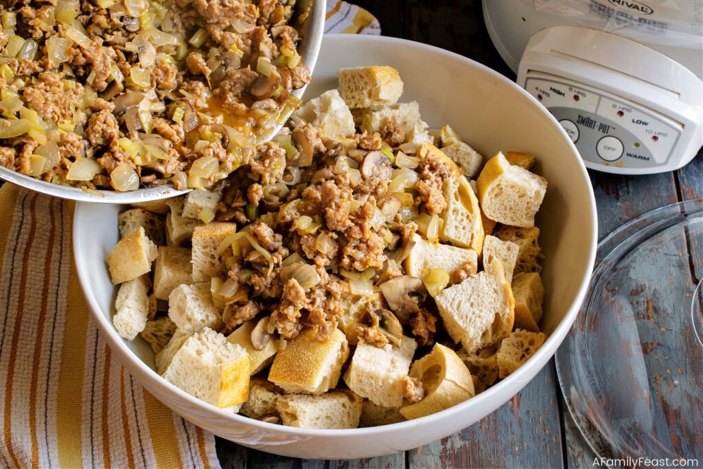 Slow Cooker Sourdough Stuffing with Turkey Sausage Apples - A Family Feast