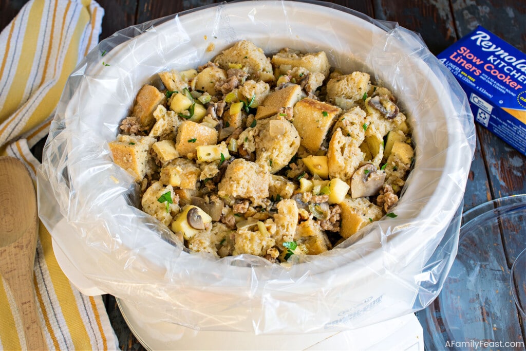 Slow Cooker Sourdough Stuffing with Turkey Sausage Apples - A Family Feast