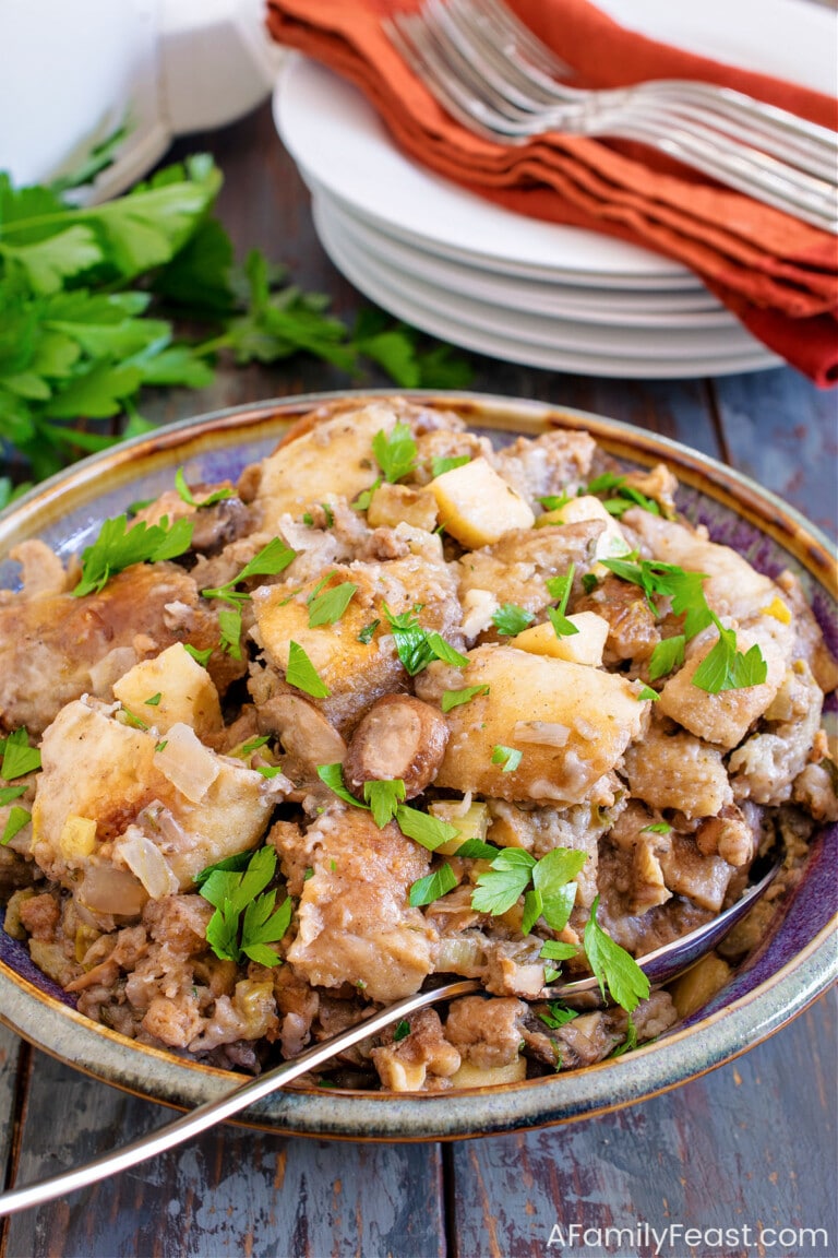 Slow Cooker Sourdough Stuffing with Turkey Sausage Apples - A Family Feast