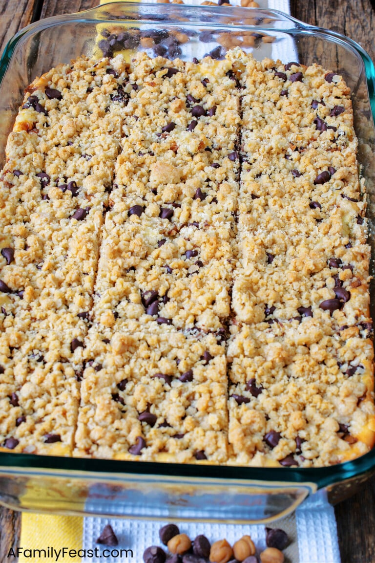 Chocolate Chip Caramel Crumble Bars - A Family Feast
